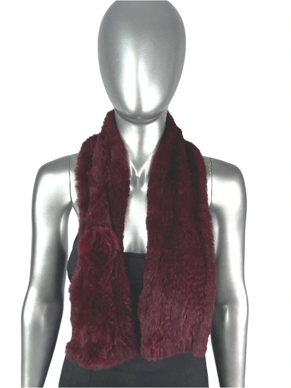 Burgundy Knitted RABBIT Scarf, 40” L, Certified Vintage Fur